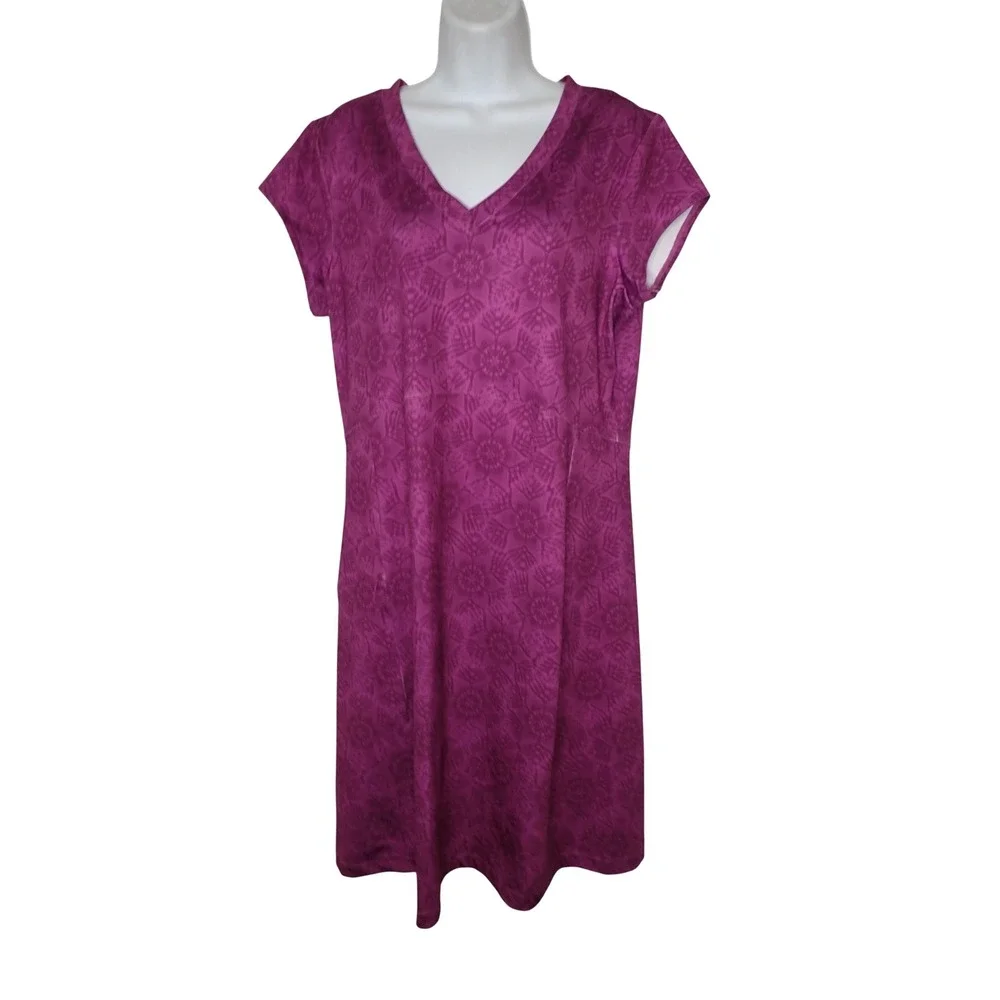 LL Bean Womens Floral Lace Print V-Neck Short Sleeve Performance Dress Large